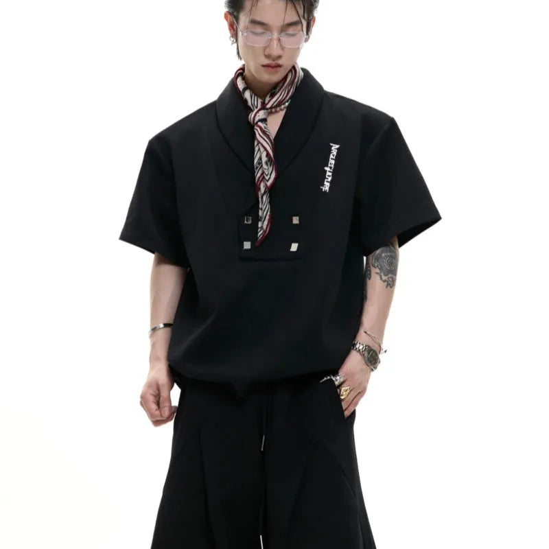 Men's dark grey cotton sports suit with V-neck padded shoulder jacket and matching shorts