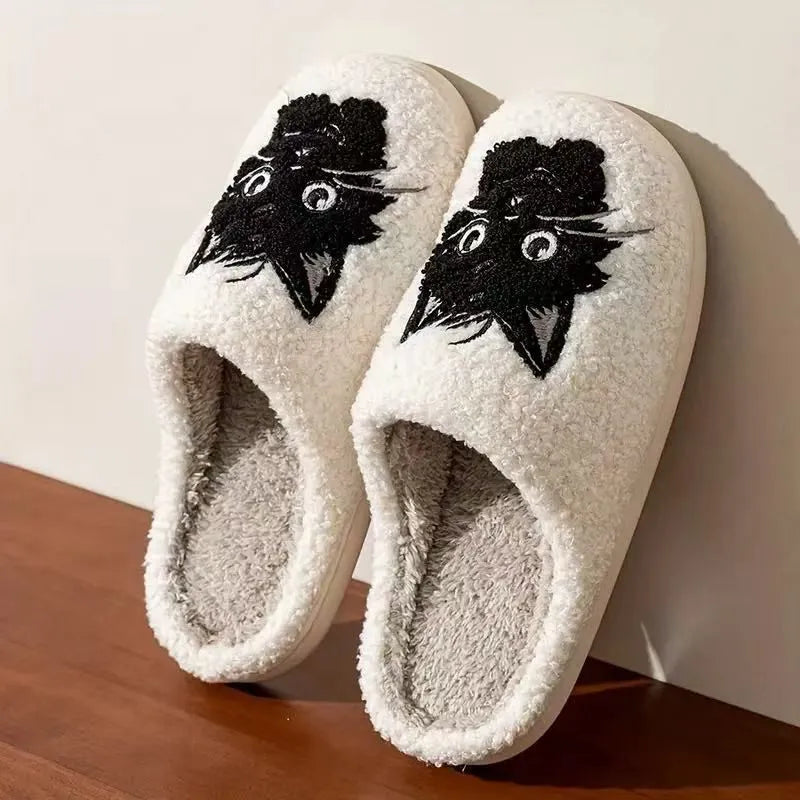 White plush slippers with Black Beard cartoon cat couple pattern and non-slip sole.
