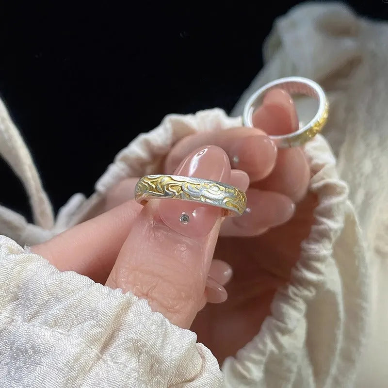 Gold electroplated white copper open ring with Xiangyun geometric pattern