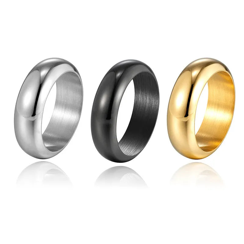 Glossy electroplated titanium steel ring shown in gold, black, and steel colour options.