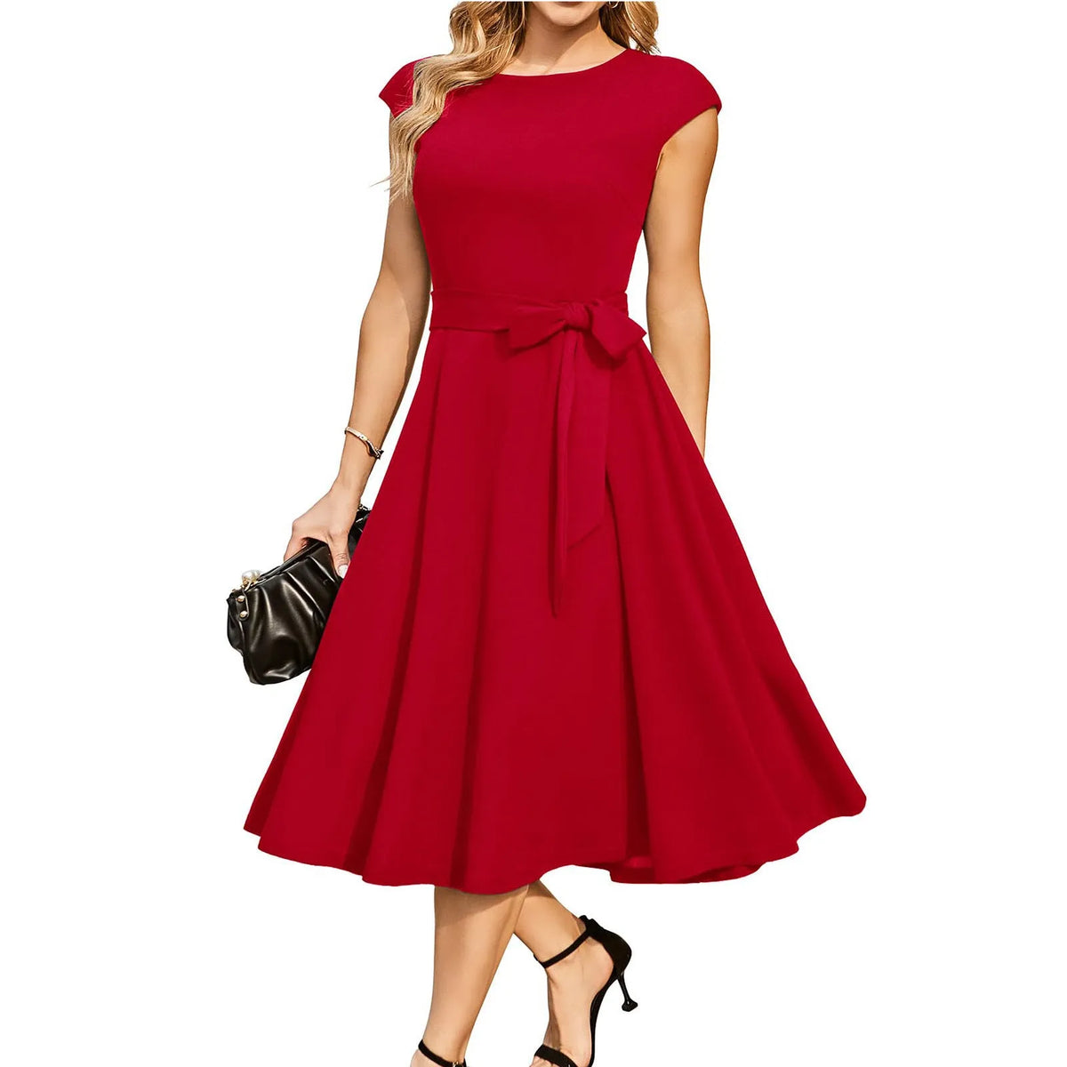 Sleeveless black party dress with lace-up waist detail and oversized swing skirt in twisted silk polyester fabric
