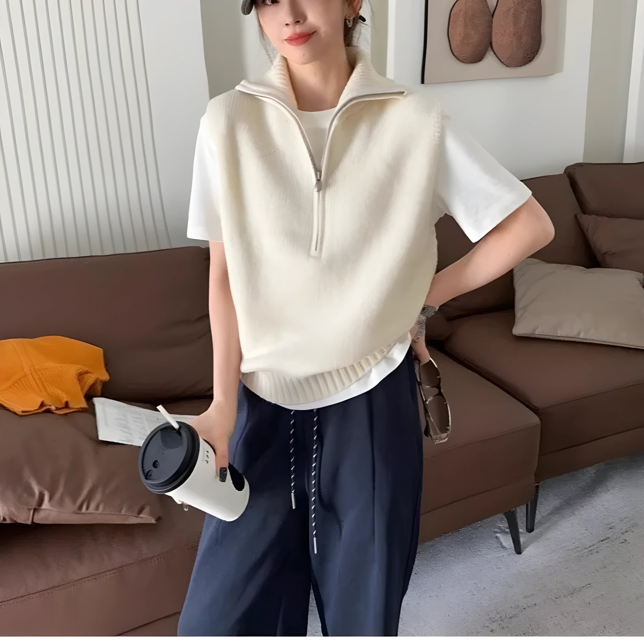 Retro half zipper sleeveless knit vest with 3D pattern in orange polyester mesh fabric