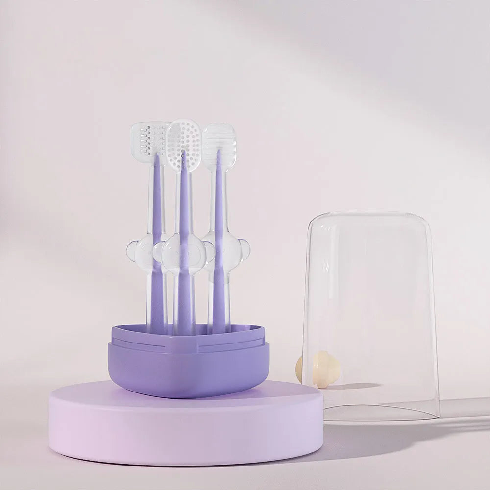 Blue and purple silicone finger toothbrushes for cleaning cat and dog teeth.