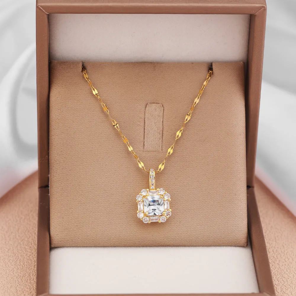 Women's titanium steel clavicle chain with quadrilateral geometric pendant featuring mixed gem inlaid detailing on water wave chain