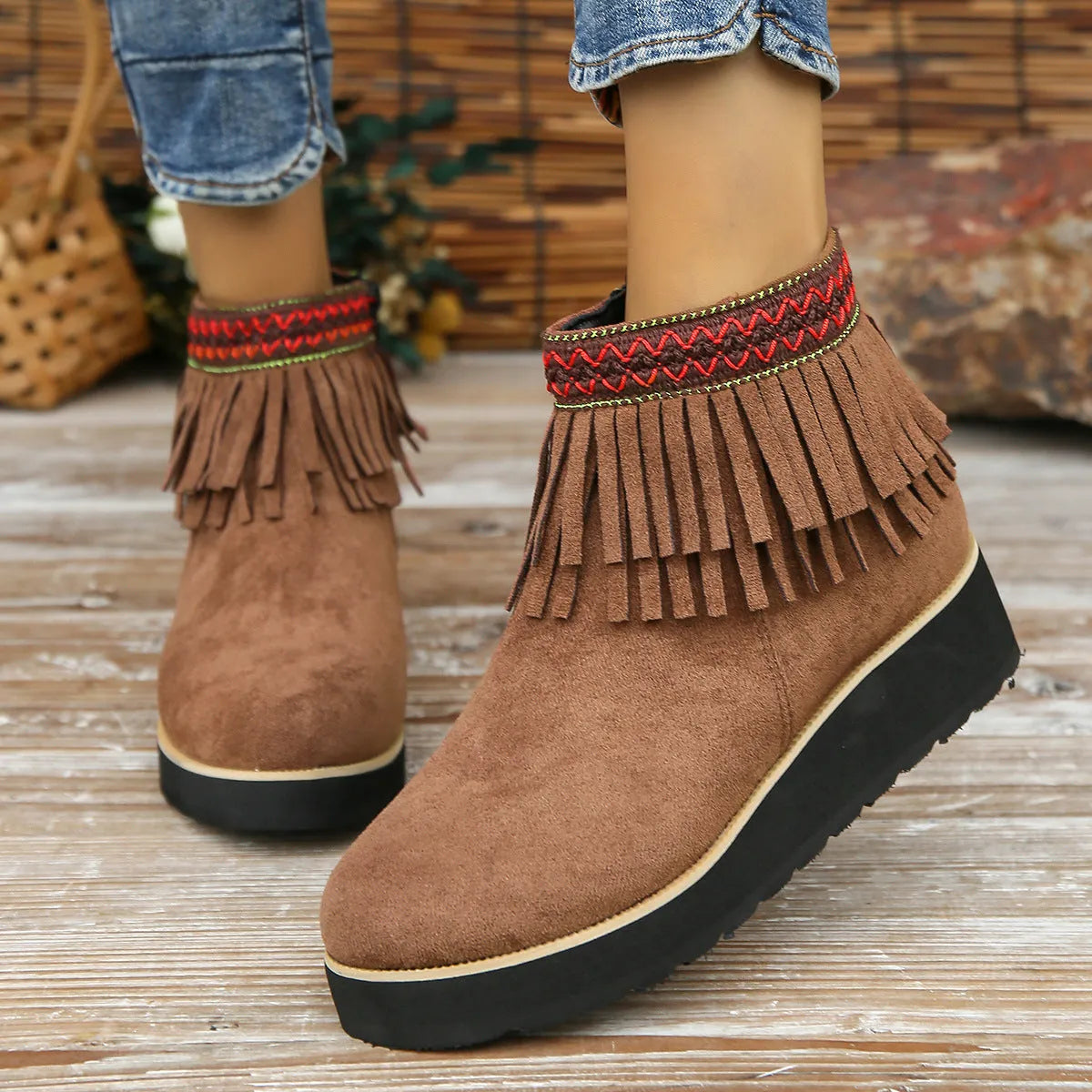 Women's wedge ankle boots with suede upper, side zip, and waterproof platform sole in dark brown