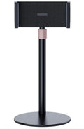 Black adjustable metal tablet bracket with telescopic arm extended, holding an 11-inch tablet