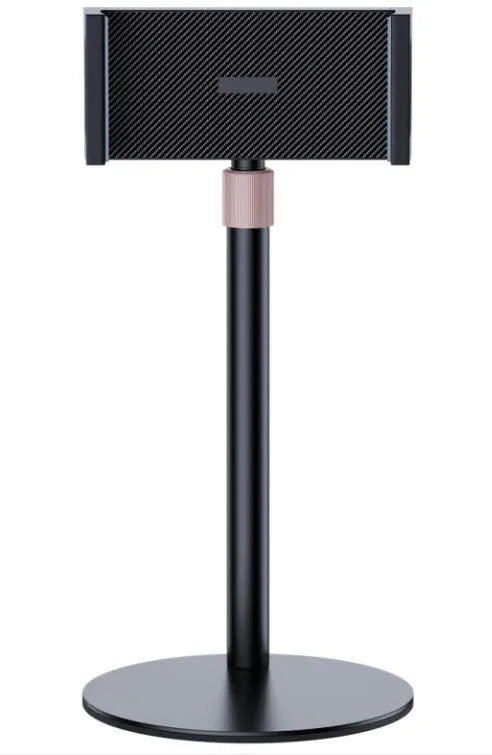 Black adjustable metal tablet bracket with telescopic arm extended, holding an 11-inch tablet