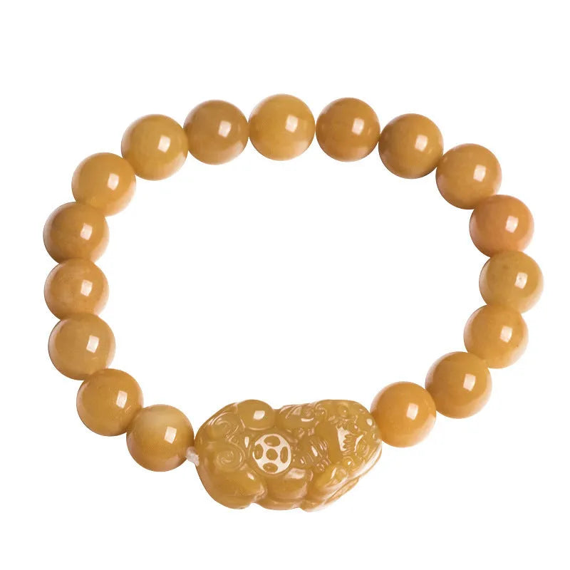 Personalised money symbol bracelet carved from golden thread jade, showing large and small size options.