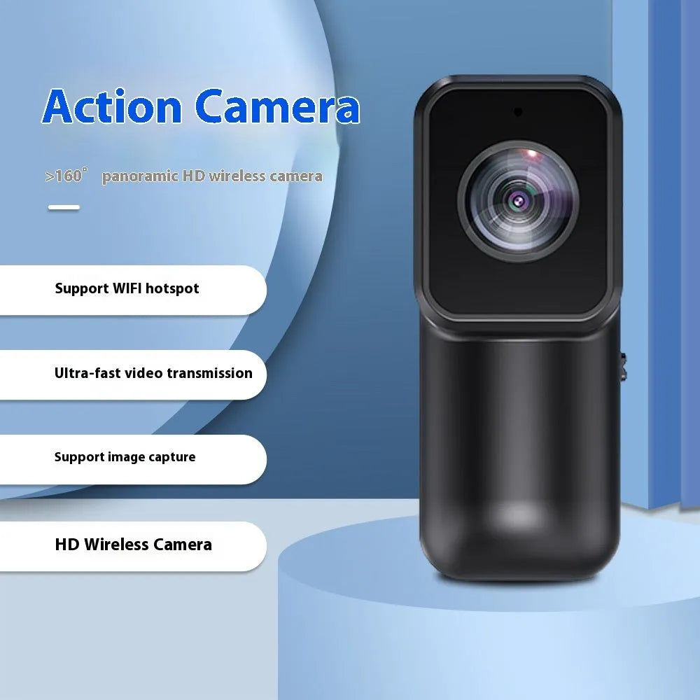 Black WiFi sports camera recorder, 61.5 x 27 x 27 mm, with wristband riding bracket, back clip, and pet strap.
