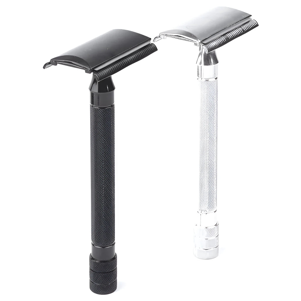 Traditional manual shaving metal scraper and brush set in black or silver for wet shaving