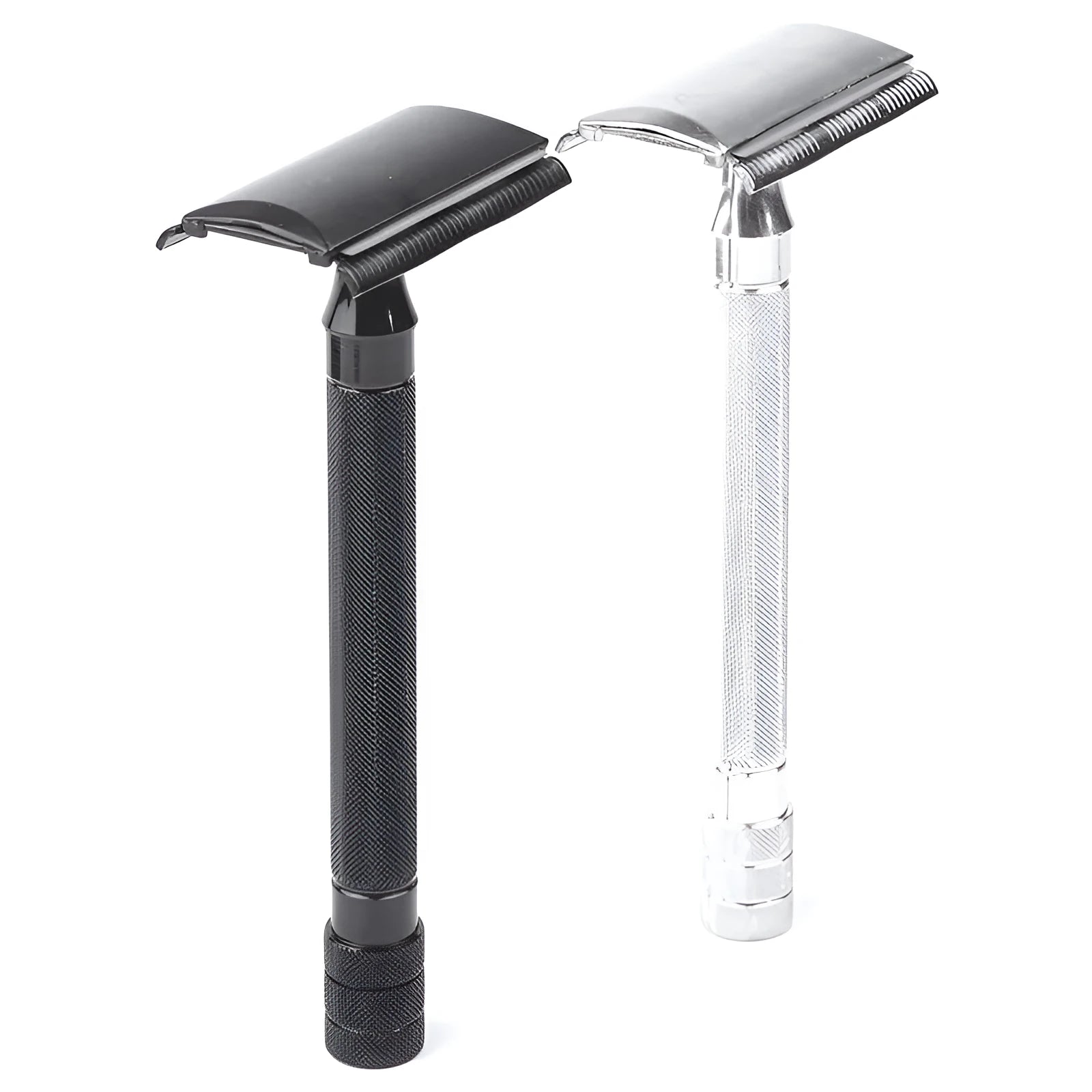Traditional manual shaving metal scraper and brush set in black or silver for wet shaving