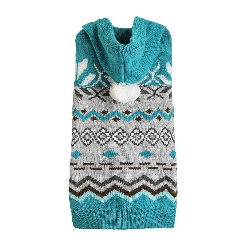 Blue diamond pattern acrylic knitted dog sweater laid flat, showing pullover neck and textured knit.