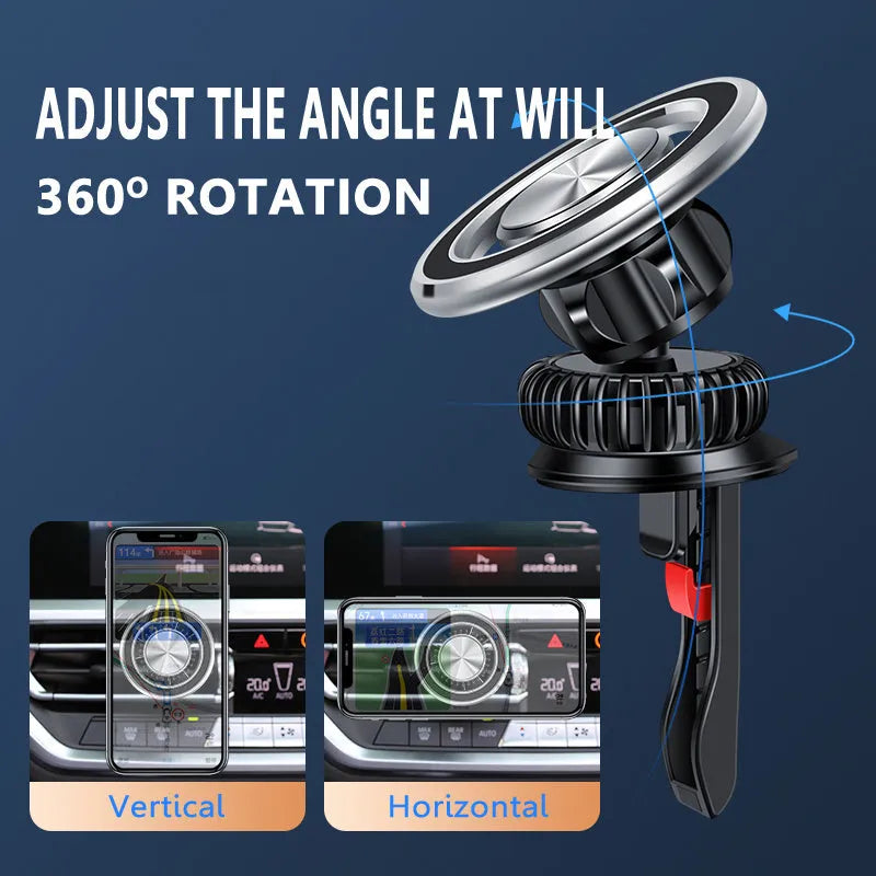 Silver air vent magnetic phone holder mounted on car dashboard with smartphone attached