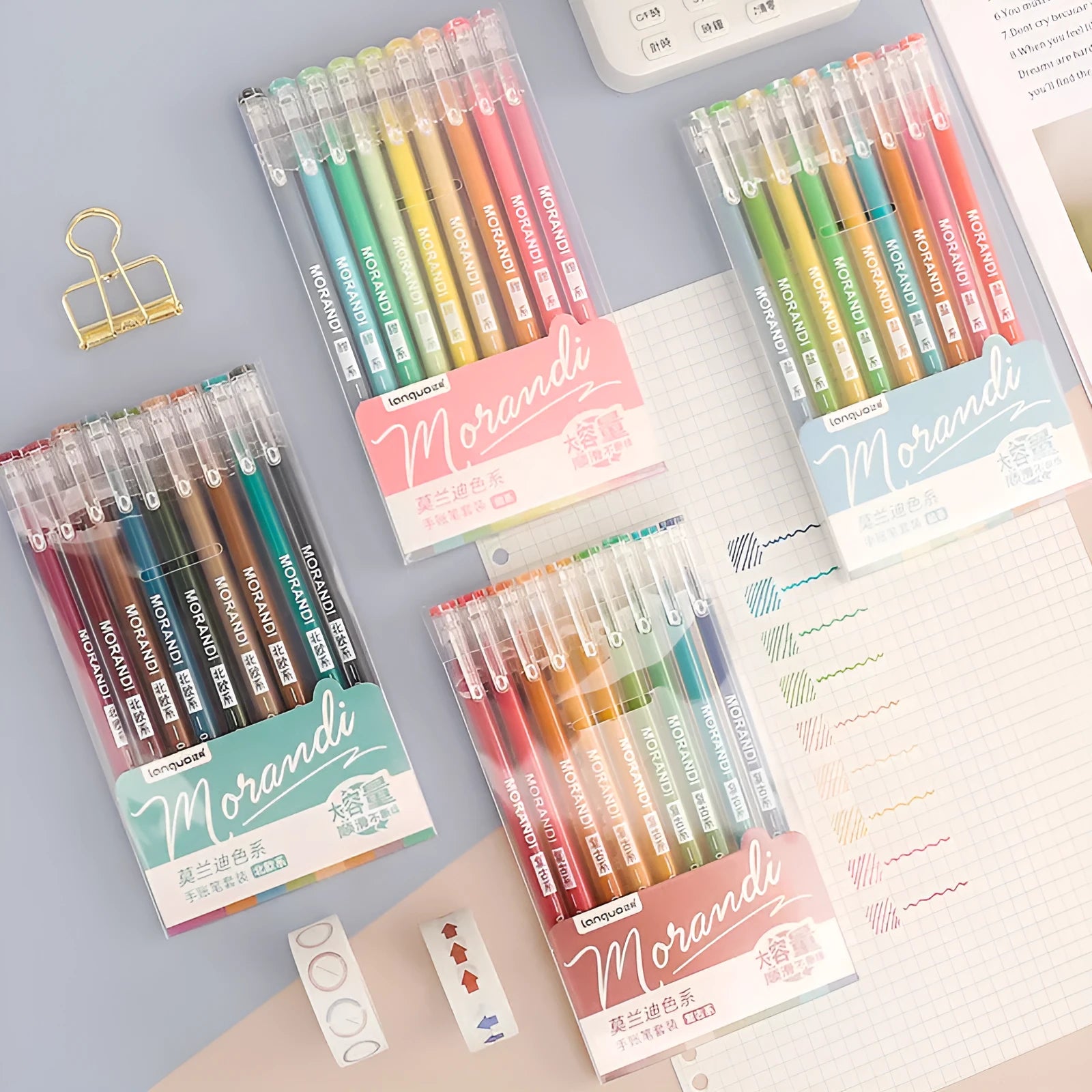 Nine gel pens in plastic case with retro Japanese colours including Nordic, salt, and sweet series themes