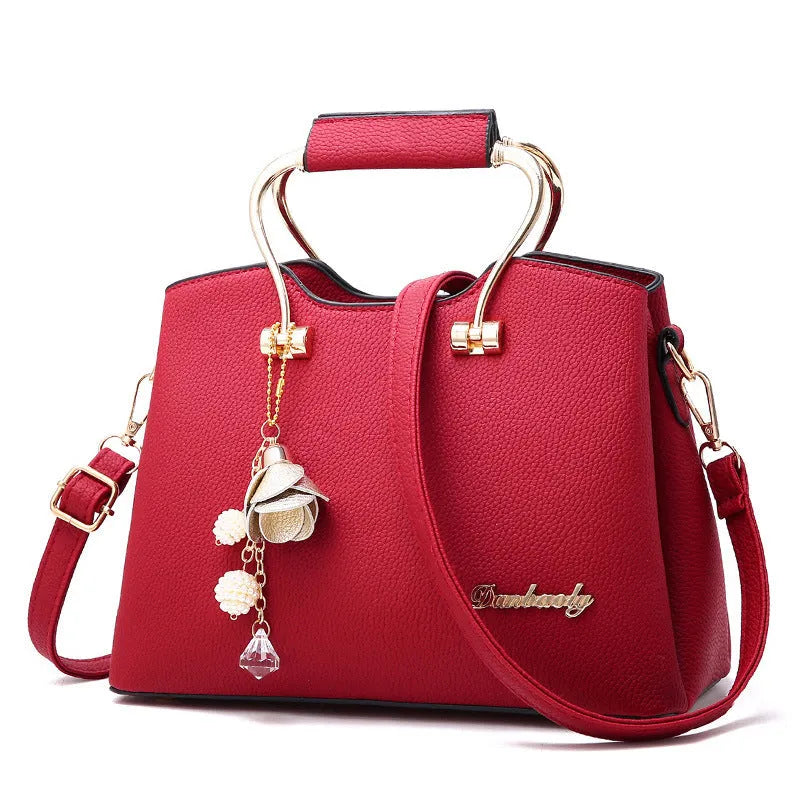 Large capacity women's PU handbag with double joint straps, zip compartments and three-dimensional outer pocket