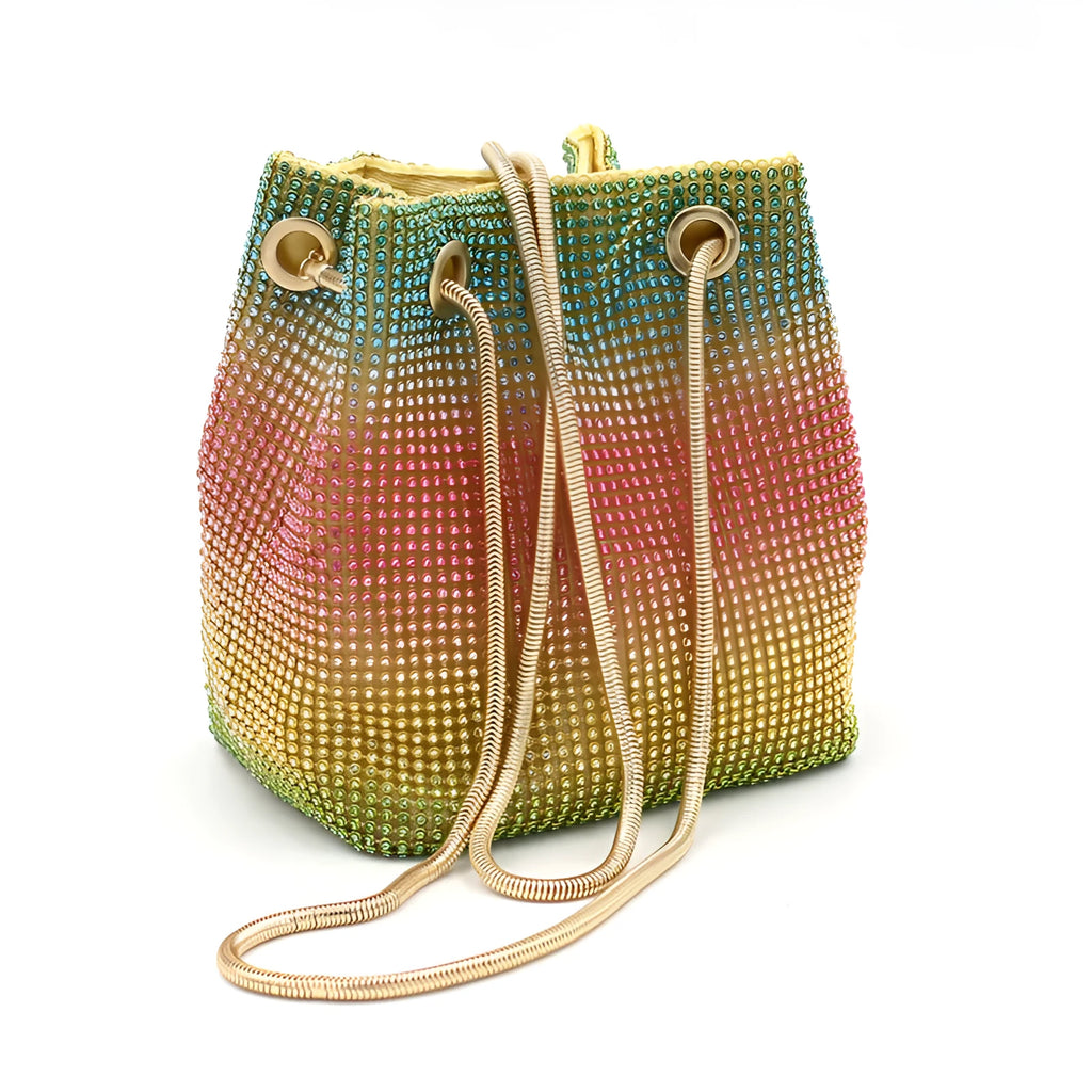 Rainbow coloured rhinestone bucket bag with sparkling diamond decoration