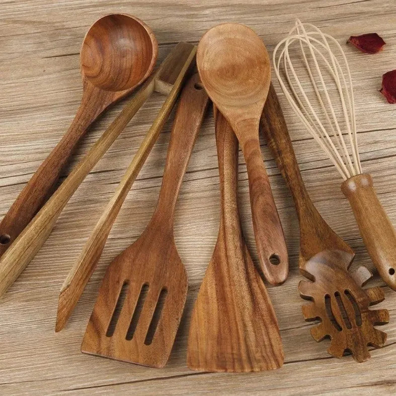 7-piece wooden cooking utensil set for non-stick pans with spoon shovel and six additional tools