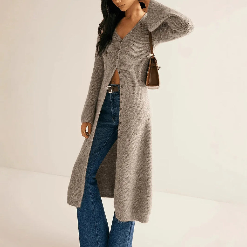 Khaki French style retro cardigan coat with long sleeves and button front closure