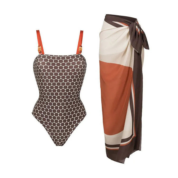 Women's printed dots pattern one-piece swimsuit with a matching wrap skirt set