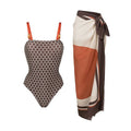 Women's printed dots pattern one-piece swimsuit with a matching wrap skirt set