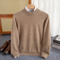 Men's chunky knit half-turtleneck wool sweater in camel colour with cable stitch detail.