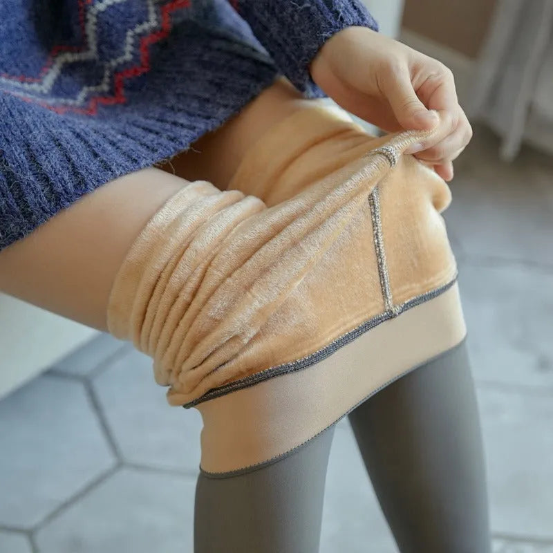 Women wearing fake translucent fleece lined tights in black, with high waist and sheer look