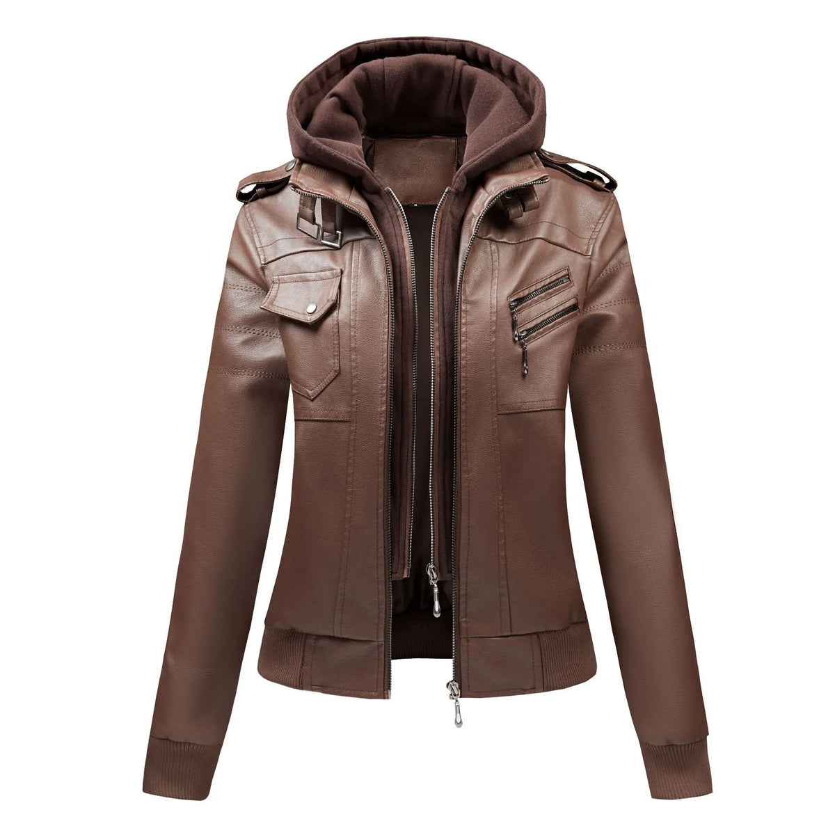 Women's faux leather motorcycle jacket in black, loose fit, sizes S to XXL, with pocket and no fur collar