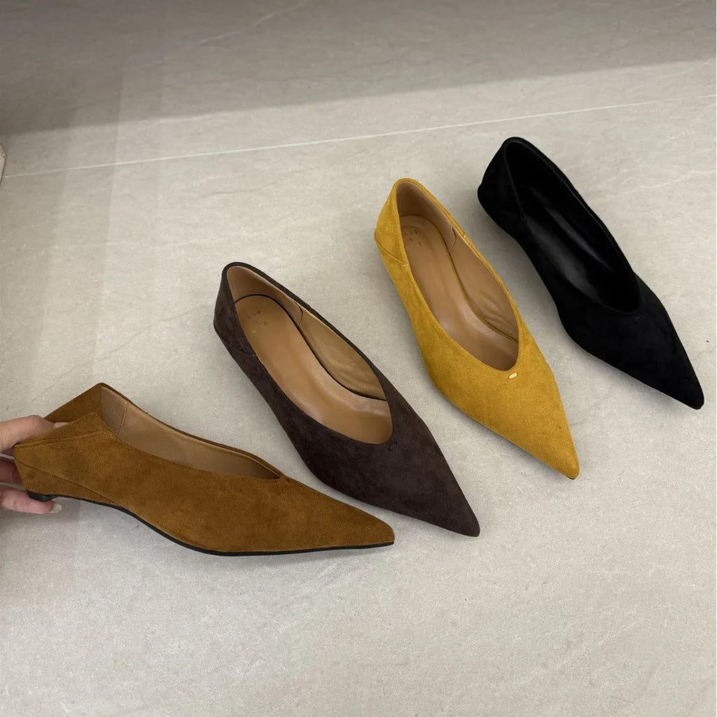 Wedge suede pointed toe pumps in black, brown, coffee or yellow, flat heel, square toe, sizes 35-40