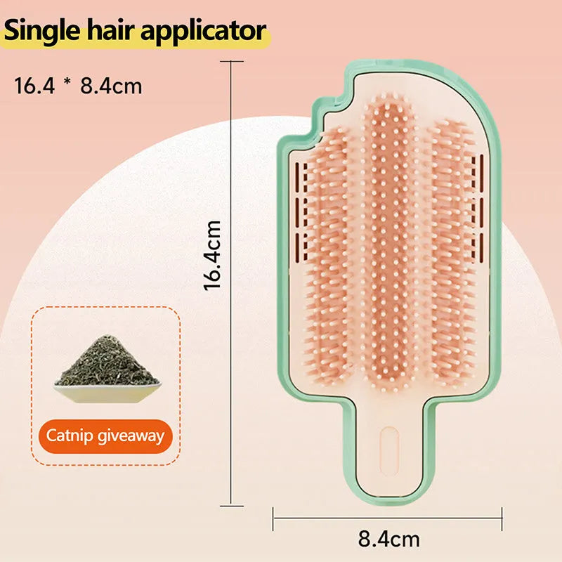 Ice cream cone shaped cat grooming toy with mint ball and feather attachments on textured surface