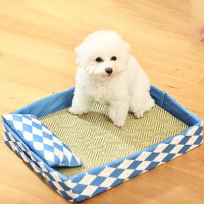 Blue woven rattan cooling mat cat bed on a fabric base, showing textured surface and low-profile design.