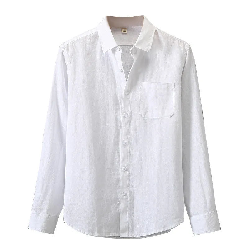 Linen long sleeve shirt in Chinese style cardigan design showing loose fit and sun protection