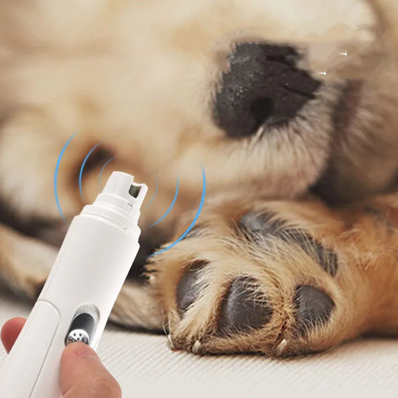 Electric pet nail trimmer in black or white with ABS body, USB charging cable and nail polisher for pet grooming.