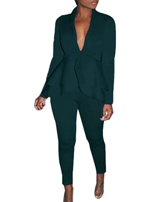 Business uniform two-piece set showing ruffled top with matching pencil pants in polyester fabric