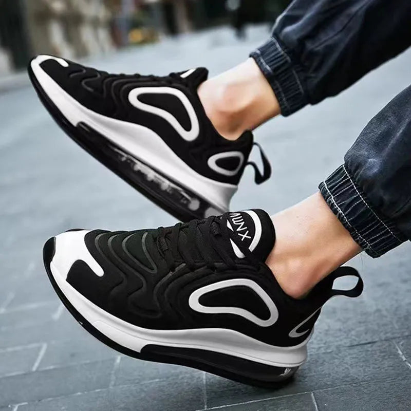Men's black air cushion running sneakers with lace-up design and thick sole