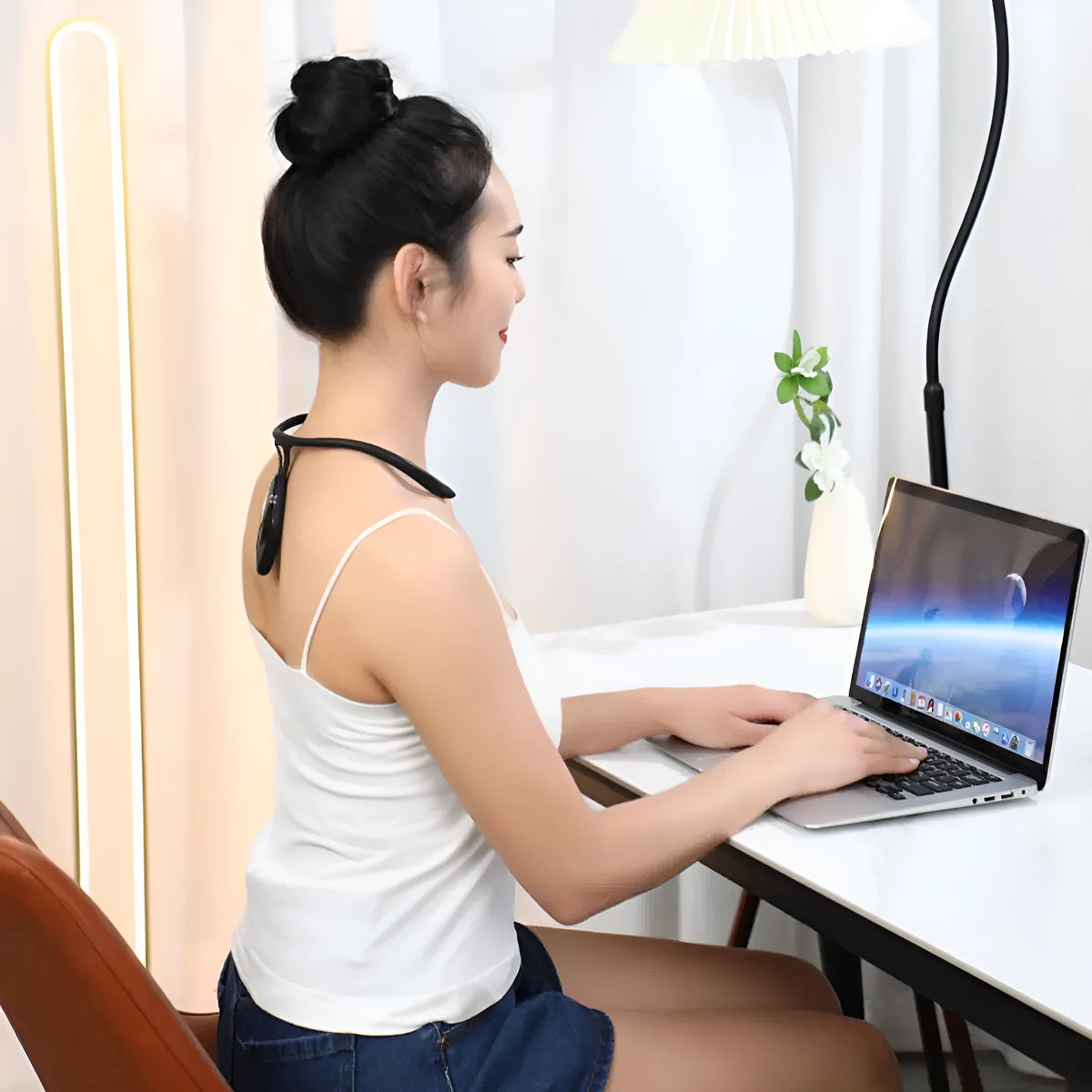 Children's portable posture corrector with smart LCD display and vibration reminder, available in black or orange, USB rechargeable.