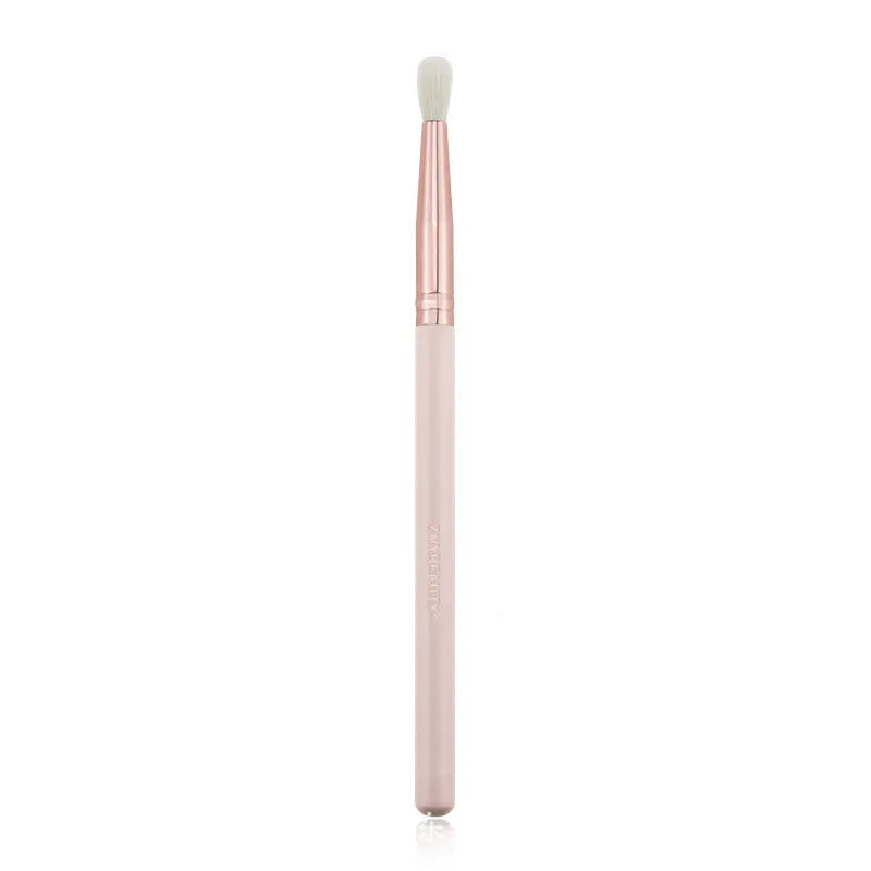 26 pink makeup brushes with wool bristles and wooden handles in storage bag