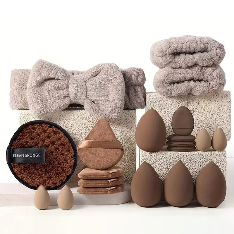 Beauty tool combination set with hydrophilic non-latex material in brown, pink, and purple colours