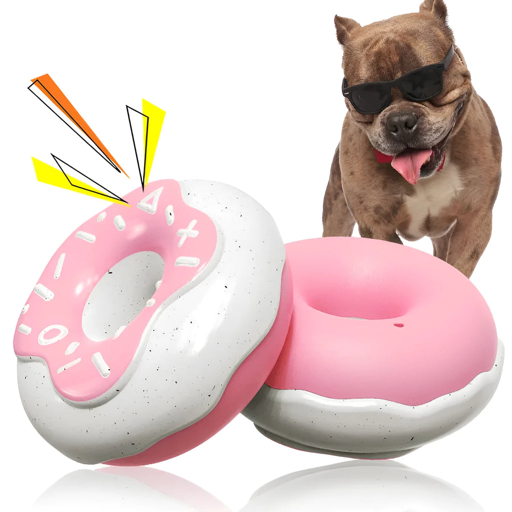 TPR donut dog toy with squeaker for molar cleaning in chocolate, pink or yellow colours