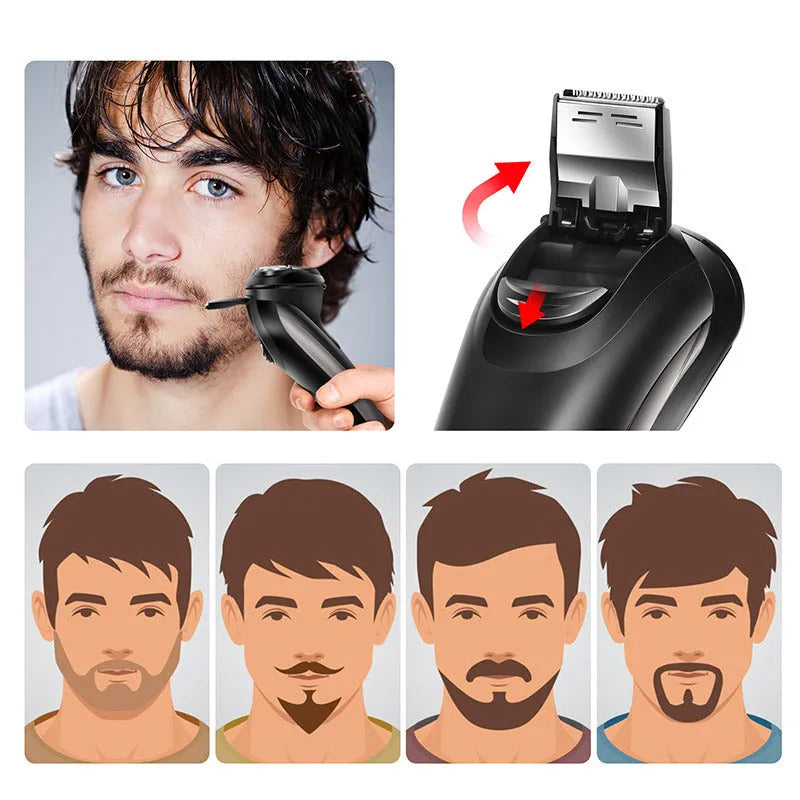 Men's electric shaver with three floating cutter heads and pop-up sideburn trimmer in grooming kit