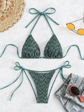 Women's green backless halter swimsuit bikini set with shorts