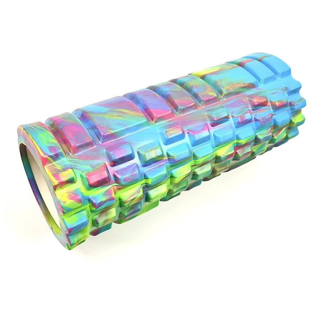 33cm camouflage pattern EVA foam roller showing blue green yellow colour variant