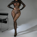 Backless one-piece lingerie with long sleeves in jacquard fishnet fabric on a model.