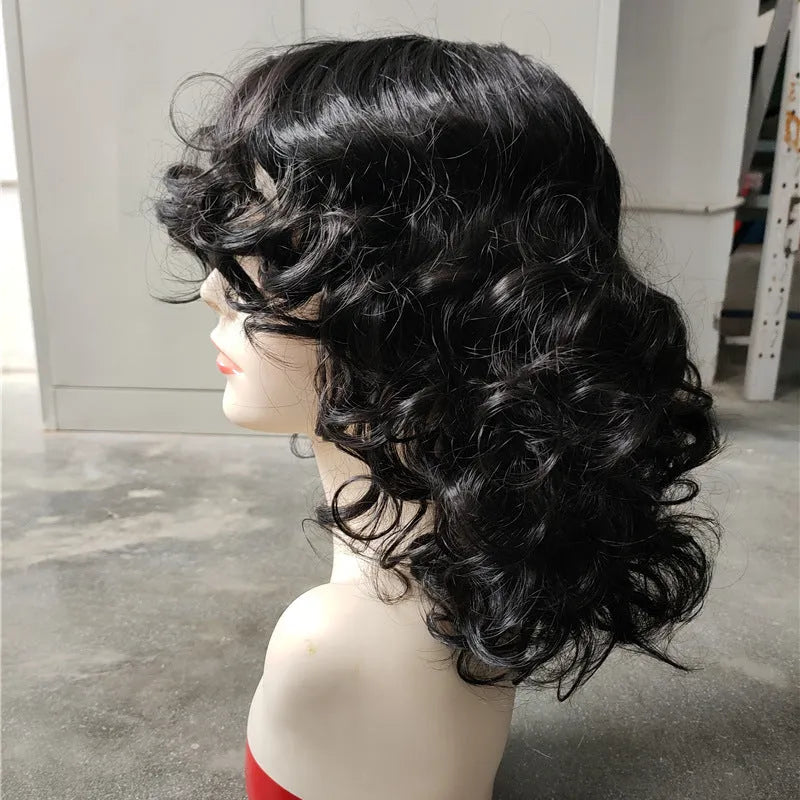 Women's short black synthetic Afro wig with long curly texture