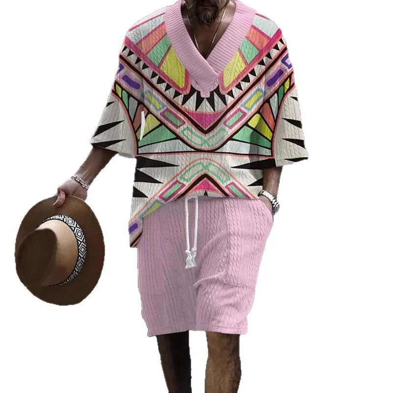 Men's loose casual two-piece suit set with short sleeve top and matching shorts