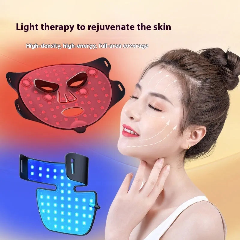 Black LED photon beauty mask with neck extension showing four-colour light therapy panels