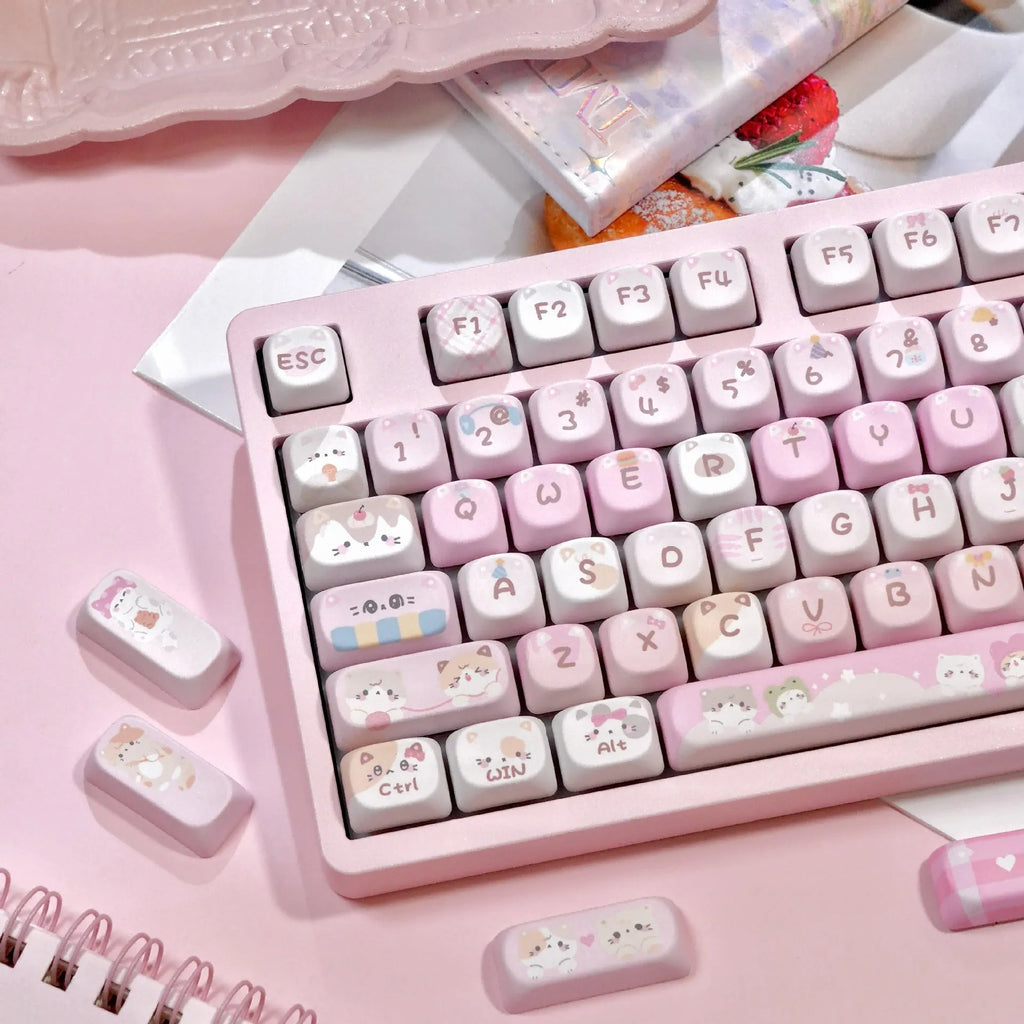 Pink MOA mechanical keyboard keycaps with cartoon design on all five sides via sublimation printing