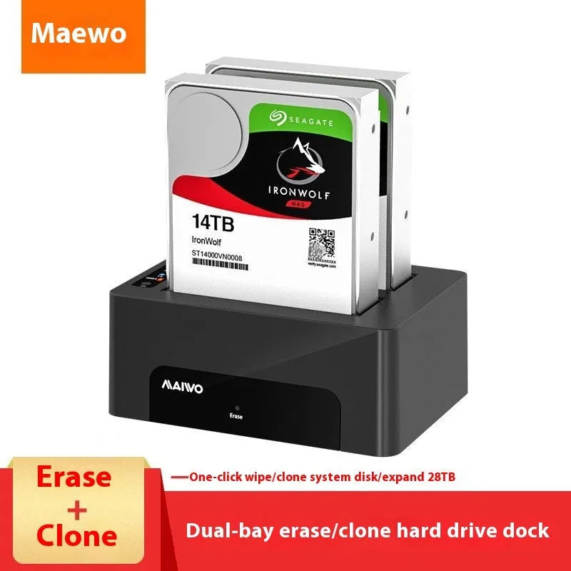Dual-bay SATA hard disk dock and copier in ABS plastic, 152 x 109 x 62 mm, for 2.5-inch and 3.5-inch drives
