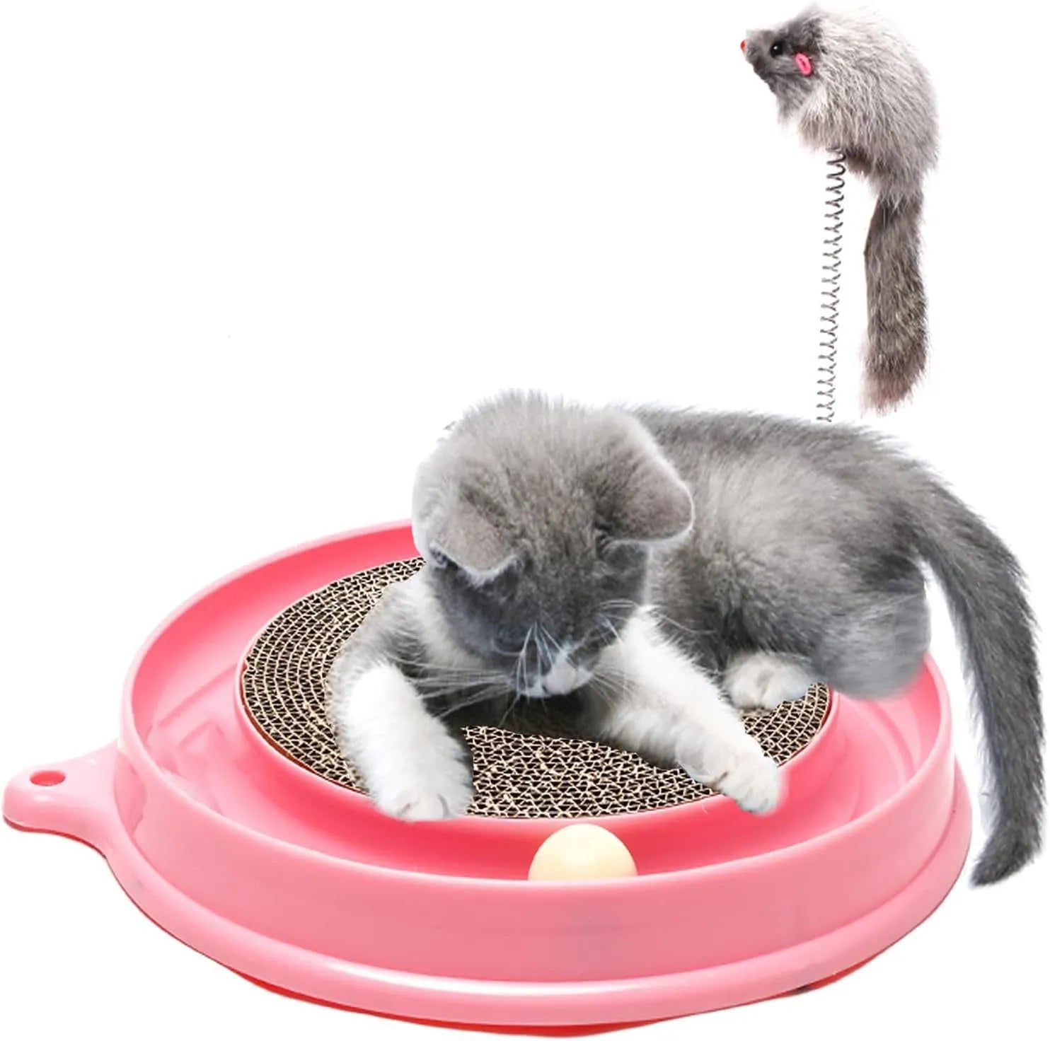 Blue cat scratching post with interactive ball track and replaceable cardboard centre pad