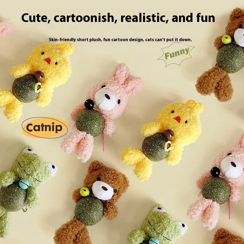 Plush catnip toy shaped as animal character with internal bell and mint ball