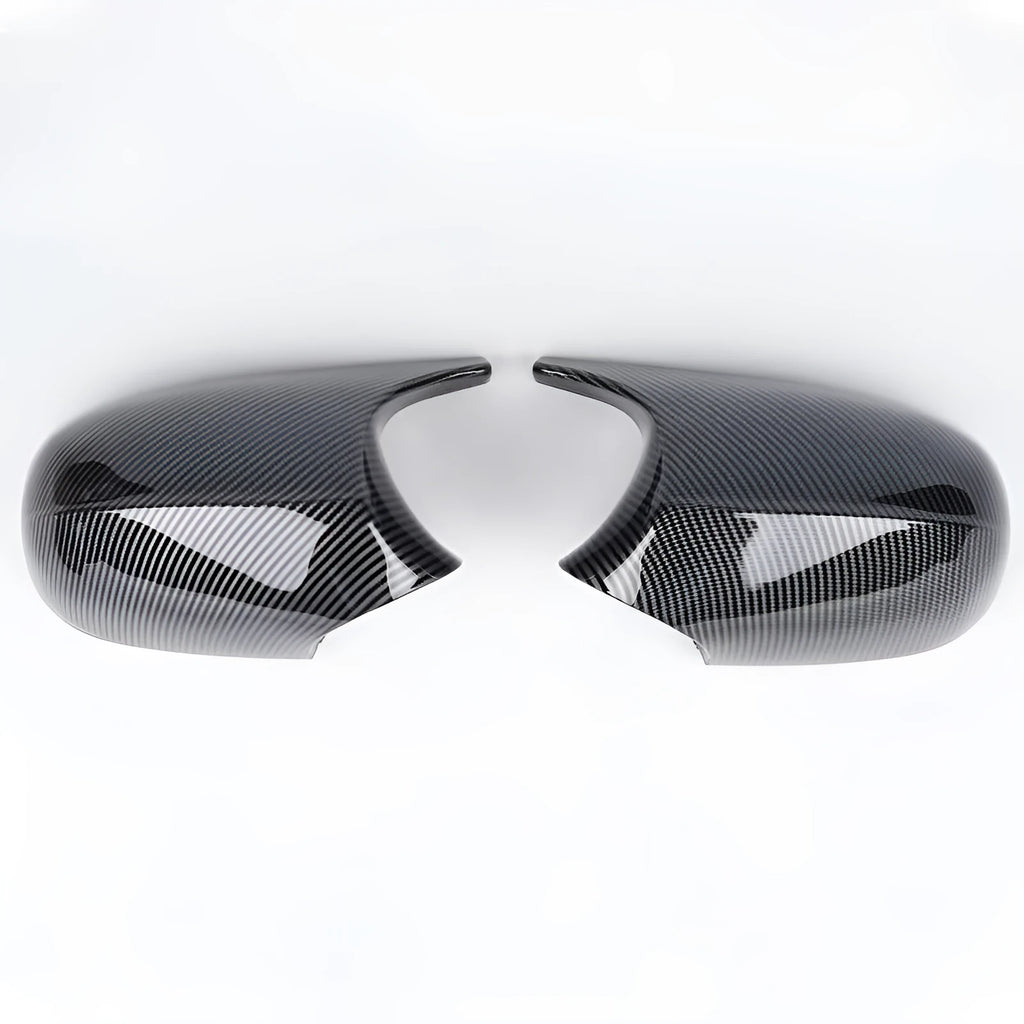 BMW 3 Series E90 rearview mirror replacement shell pair in black and carbon pattern finishes